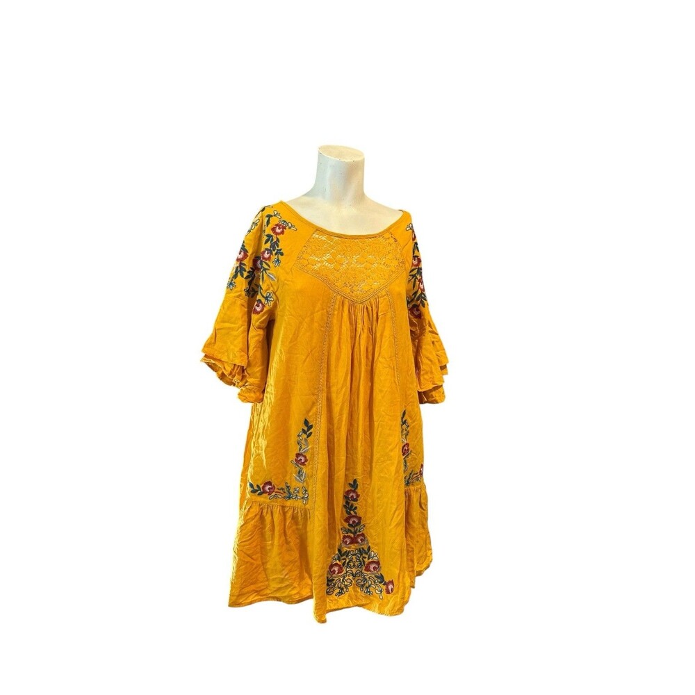 UMGEE Embroidered BOHO Hippie Peasant Style Mustard DRESS Womens M Flowie